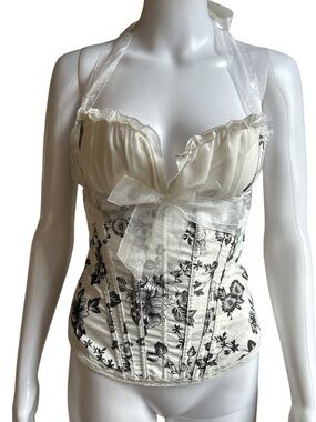 ▶️ Womens Satin Floral Toile Corset Bustier Halter Top S Boned Pinup Coquette